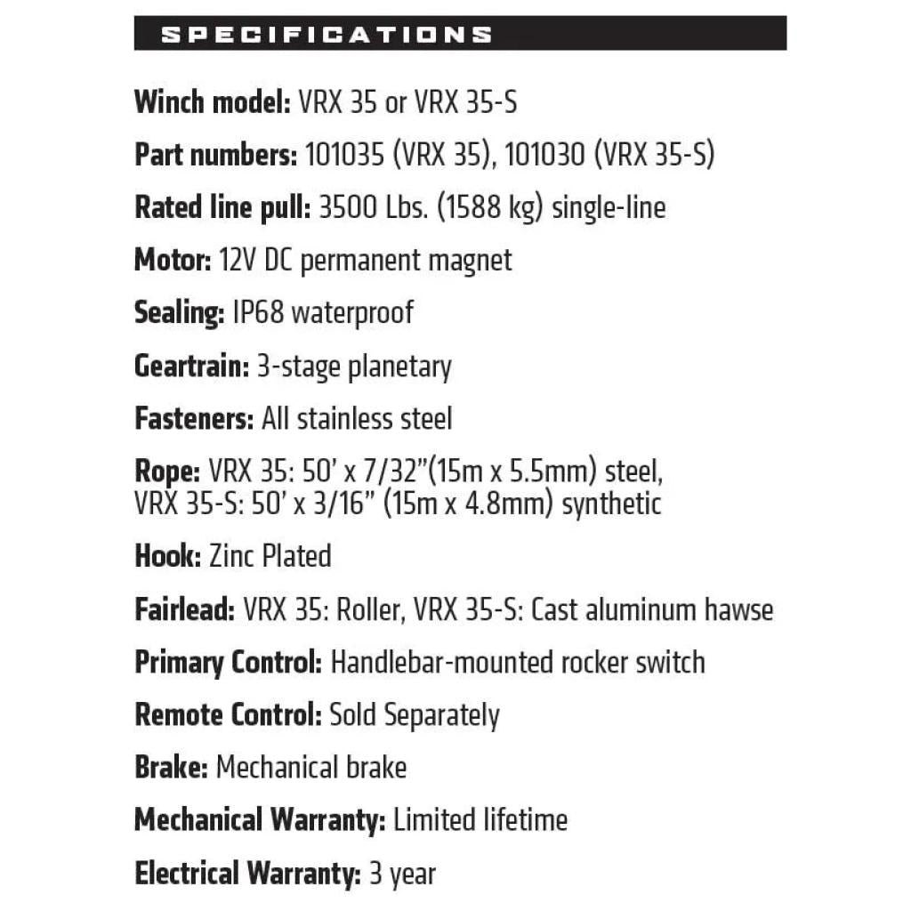 Warn vrx 35 syntetisk 3.500 lb powersports spil | 101030