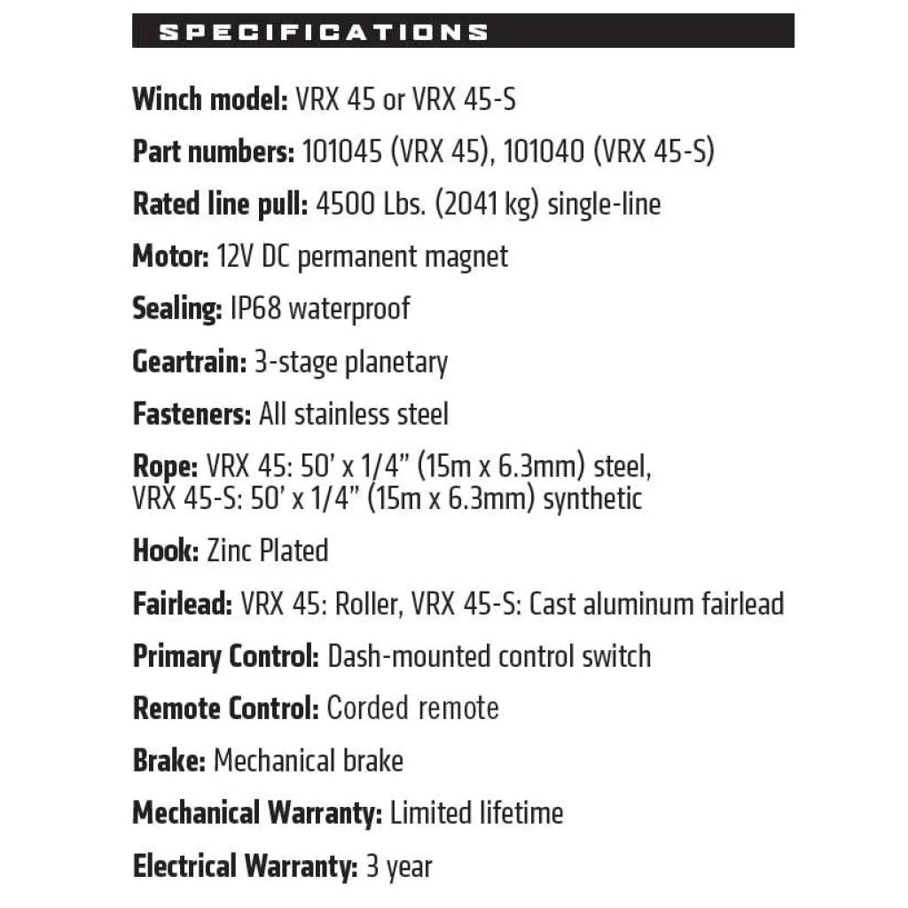 Warn vrx 45 stål 4.500 lb powersports spil | 101040