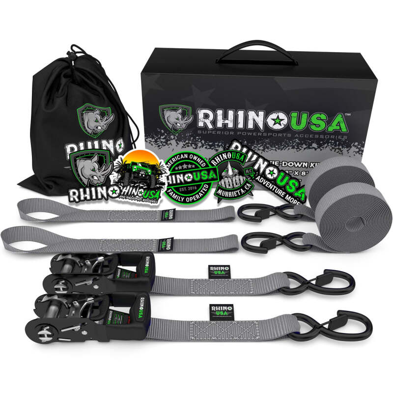 Rhino USA Heavy Duty Ratchet Tie-Downs 2-Pack (Black) 1.6In X 8Ft