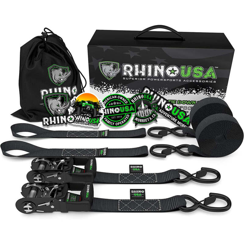 Rhino USA Heavy Duty Ratchet Tie-Downs 2-Pack (Black) 1.6In X 8Ft