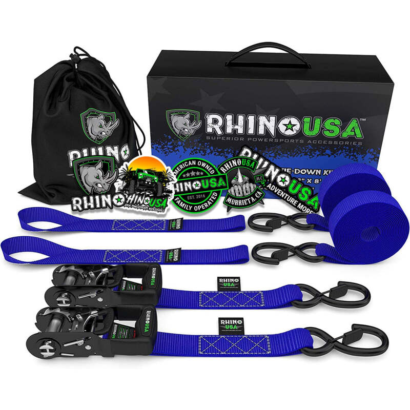 Rhino USA Heavy Duty Ratchet Tie-Downs 2-Pack (Black) 1.6In X 8Ft