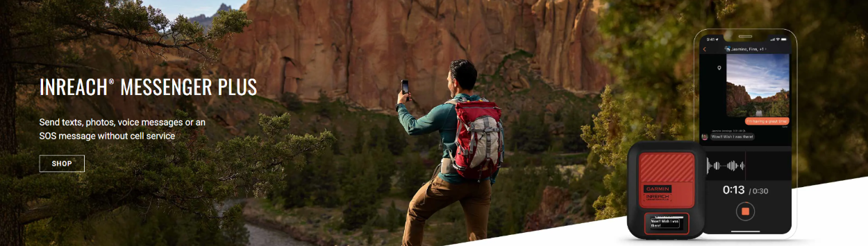 Person with a backpack using a device in a natural setting, with text about 'INREACH MESSANGER PLUS'.