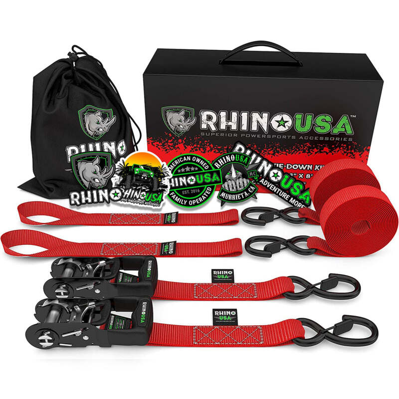 Rhino USA Heavy Duty Ratchet Tie-Downs 2-Pack (Black) 1.6In X 8Ft