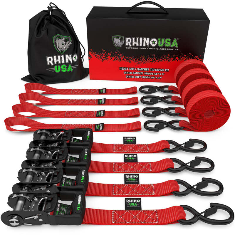 Rhino USA Heavy Duty Ratchet Tie-Down 4-Pack Black 1.6In X 15Ft