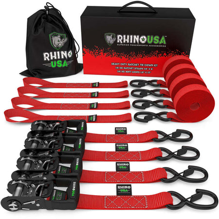 Rhino USA Heavy Duty Ratchet Tie-Down 4-Pack Black 1.6In X 15Ft