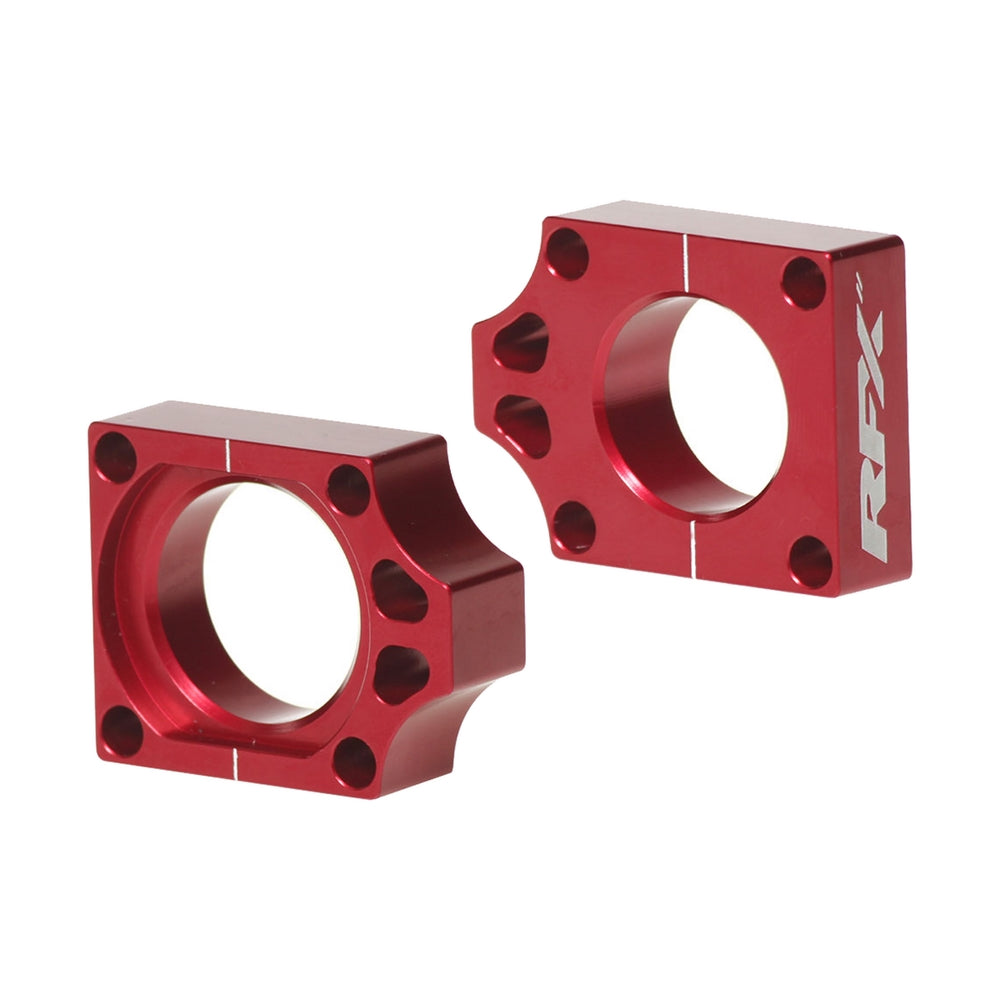 RFX Pro Series rear axle blocks in anodized aluminum with laser-etched logo