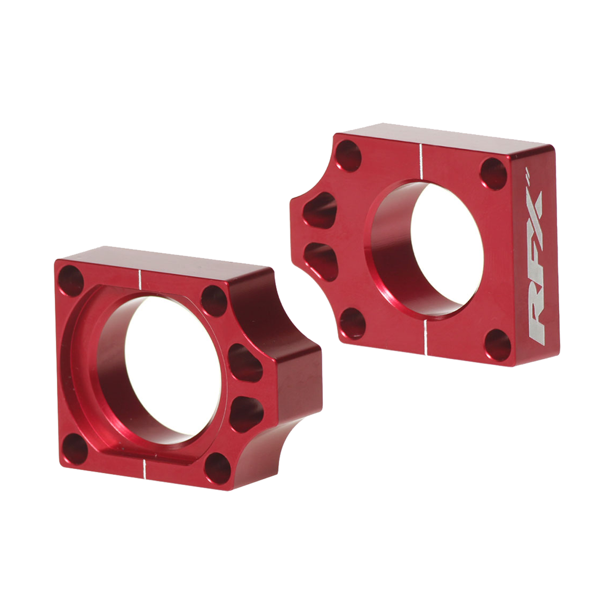 RFX Pro Series rear axle blocks in anodized aluminum with laser-etched logo