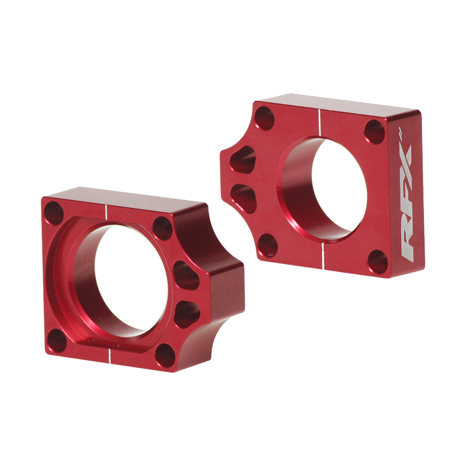 RFX Pro Series rear axle blocks in anodized aluminum with laser-etched logo