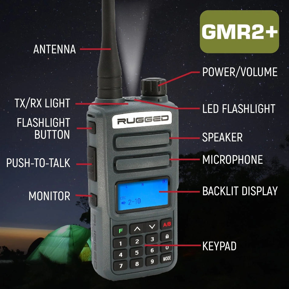 Rugged Radios GMR2 PLUS Adventure Pack - GMRS and FRS Two Way Handheld Radios w/ Accessories