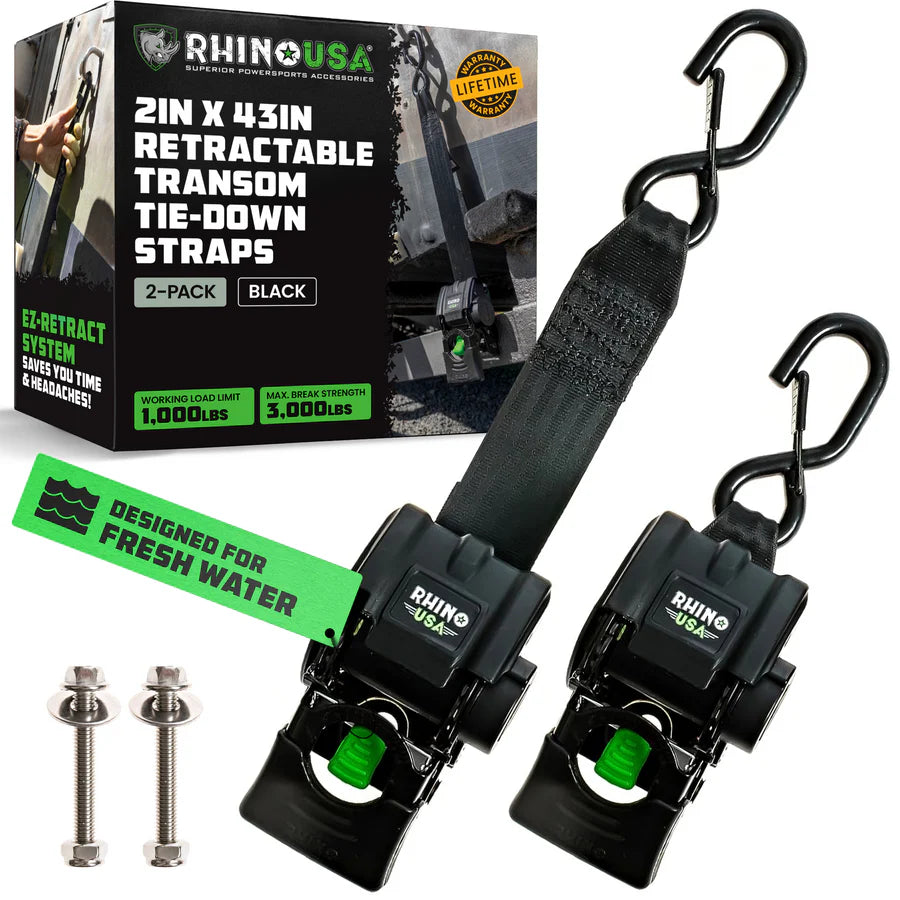 Rhino USA 2" x 43" Retractable Transom Tie-Down Straps (2-Pack) | RNO-TRNSM-STRPS