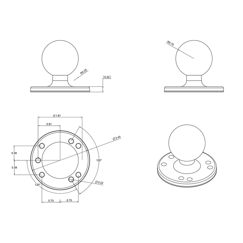 Ram Round Plate with Ball - C Size | RAM - 202U - MojoMotoSport.com